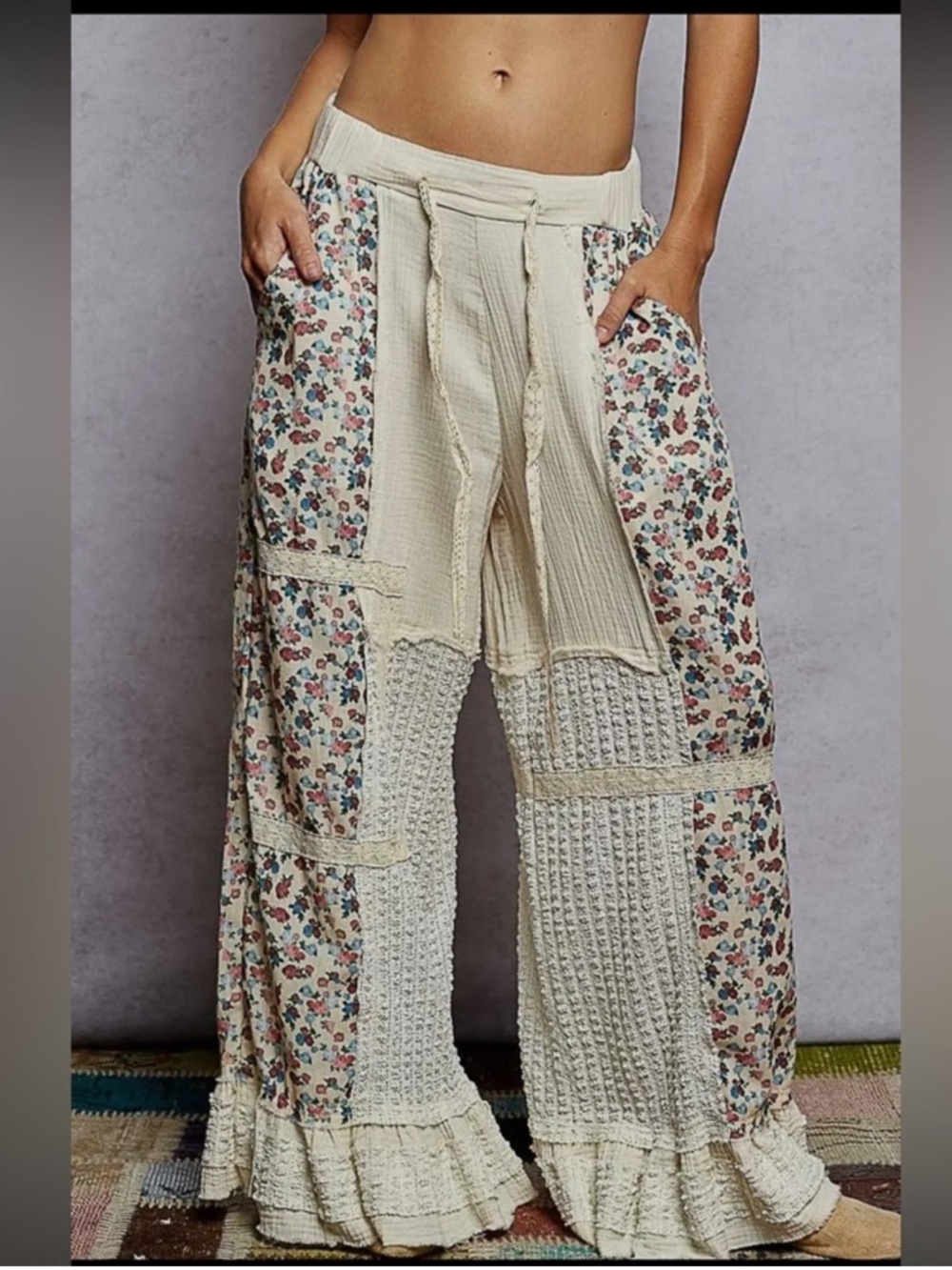 New: POL Cream Floral Patchwork Ruffle Hem Wide-Leg Pants• Medium - Picture 2 of 5